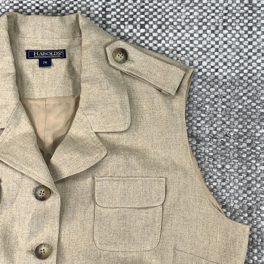 Harold's Linen Vest Womens 14 Tan Button Front Safari Utility Professional